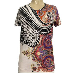 ETRO Top Blouse T Shirt Tee Round Neck Multi Color Paisley Short Sleeve 46 10 M